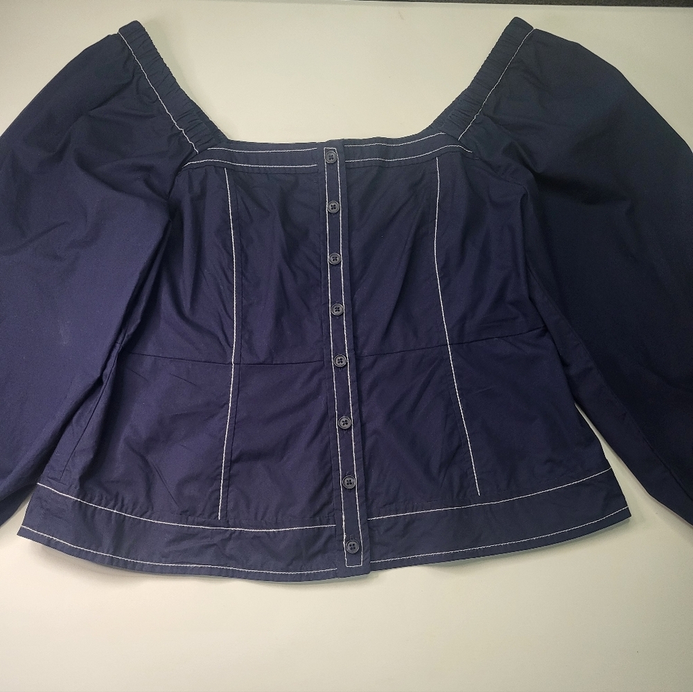 LOFT Navy Square-Neck Button Front Puff Sleeve Blouse